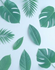 Fresh green tropical leaves featuring iconic monstera and delicate palm fronds artfully scattered on a serene pale backdrop.
