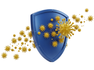 Blue shield protecting from yellow virus PNG isolated on transparent background, concept for health care and protection against disease