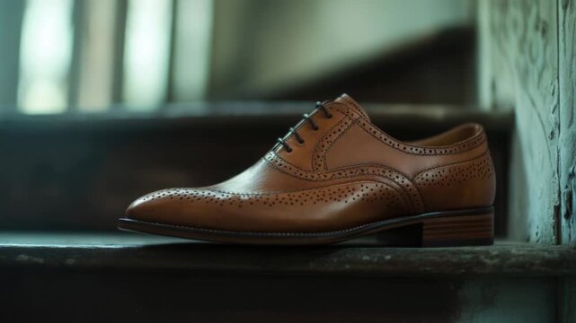 Video A pair of brown shoes sits on top of a wooden step, perfect for outdoor settings or rustic-themed compositions