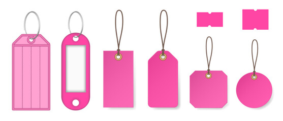 Set of pink price tags and keyrings. Price stickers. Luggage tag. Cardboard label for clothes. Key tags with split ring and window. Keychains