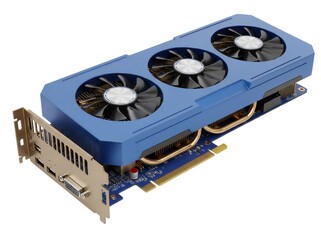 Blue graphics card with three fans isolated PNG, high-performance component for gaming and video editing on transparent background