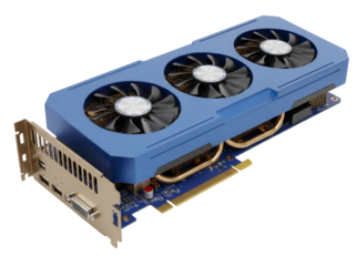 Blue graphics card with three fans isolated PNG, high-performance component for gaming and video editing on transparent background