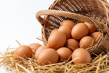 Fresh brown chicken eggs spilling from a rustic wicker basket onto a bed of hay, isolated on a pure white studio background with copy space