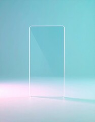 A pristine transparent glass panel with luminous edges stands on a vibrant surface, reflecting cool blue-green and warm pink light.