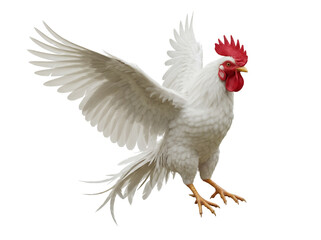 Majestic white rooster PNG isolated on transparent background, proud farm animal with red comb and golden beak for design projects