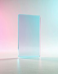 Vibrant light transforms a sleek translucent panel. Its glowing edges and surface reflect a soft pink and cyan gradient, standing tall on a reflective base with a minimalist backdrop.
