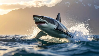 A great white shark swimming close to ocean surface with sunlight piercing through water