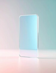 A sleek transparent device stands upright, its smooth glass surface reflecting iridescent blue, pink, and green light against a soft pastel gradient background.