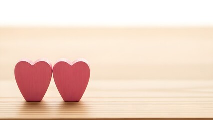 Two delicate pink heart shapes standing together on a light wooden surface with soft background blur