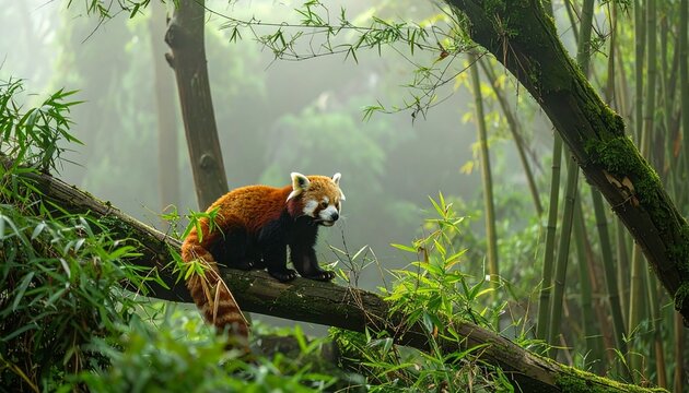 A red panda climbing a bamboo tree in misty forest with lush green foliage.
