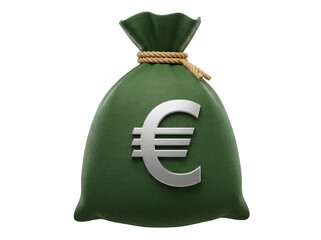Green money bag with Euro sign isolated PNG, sack of cash on transparent background for finance and...