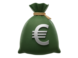 Green money bag with Euro sign isolated PNG, sack of cash on transparent background for finance and banking concepts
