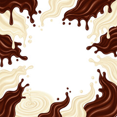 Isolated a kinds of different Delicious flowing melted chocolate border vector art with white background.