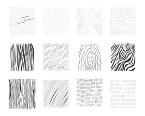Crosshatch patterns range hand drawn texture set, crosshatch line doodle grunge background. Scribble graphite strokes, lines, wood, shading elements.