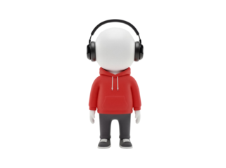 3D cartoon character with headphones and red hoodie isolated PNG, stylish avatar for social media and creative projects