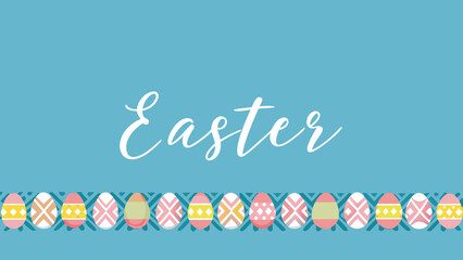 A festive blue background with the word easter written in elegant white script and a decorative border of colorful patterned easter eggs along the bottom edge