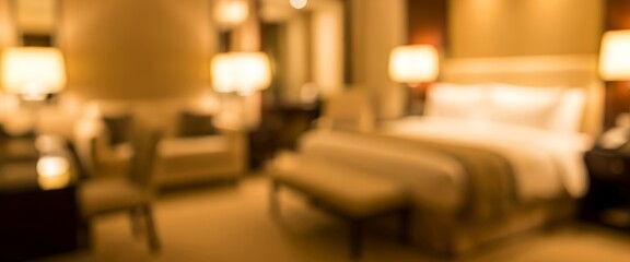 A fully blurred luxury hotel room with golden lighting, elegant silhouettes, and smooth gradients forming a warm, upscale interior background with soft haze and refined tones.