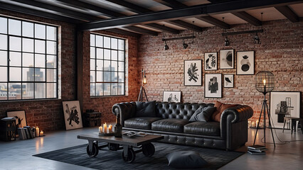 Industrial Loft Living Room with Exposed Brick Walls
