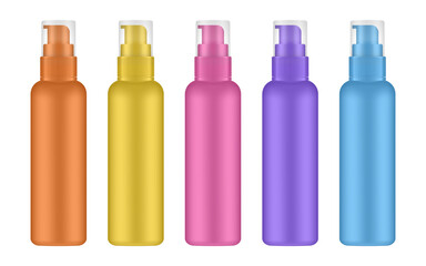 Set of tall cosmetic bottles with pump. Dispenser. Orange, yellow, pink, purple and blue containers. Liquid soap or shampoo.