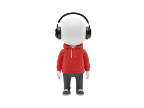 3D cartoon character with headphones and red hoodie isolated PNG, stylish avatar for social media and creative projects
