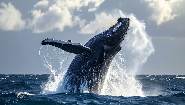 A humpback whale breaching dramatically from the ocean with spray and waves.
- Powered by Adobe