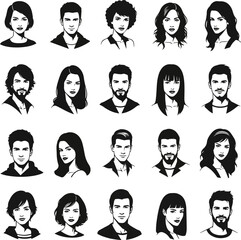 Isolated a kinds of different Vector front portrait in black silhouette of a woman and man, avatar vector art with white background.