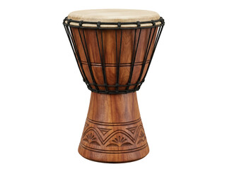 Wooden djembe drum isolated PNG, traditional African percussion instrument with carved base and rope tuning system for music and cultural events