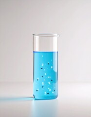 Bright blue liquid in a clear lab beaker swarming with tiny black bugs and shimmering white luminous organisms.