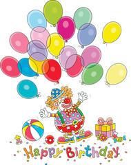 Birthday card with a funny circus clown, holiday gifts and flying colorful balloons, vector cartoon illustration on a white background