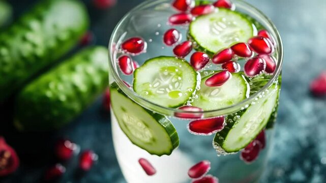 Video A refreshing glass filled with sliced cucumbers and pomegranates, great for hot summer days or as a healthy drink option