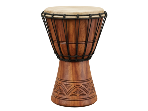 Wooden djembe drum isolated PNG, traditional African percussion instrument with carved base and rope tuning system for music and cultural events