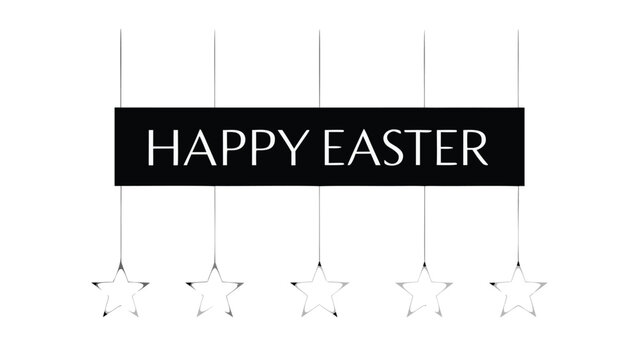 Happy easter greeting with a black banner and white text adorned with hanging star decorations on a clean white background perfect for festive celebrations and seasonal messages - Powered by Adobe