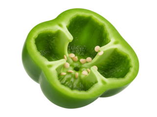 Halved green bell pepper isolated PNG, fresh vegetable with seeds on transparent background, healthy eating and cooking ingredient