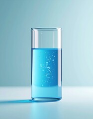 Clear cylindrical glass containing vibrant blue bubbly liquid, casting a soft shadow on a clean pale blue surface.