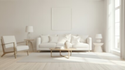 A fully blurred Scandinavian living room with soft daylight, pale wood tones, and gentle silhouettes blending into a clean, airy abstract interior background.