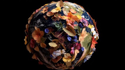 Colorful earth covered in flowers and leaves represents nature's beauty and environmental care during autumn season