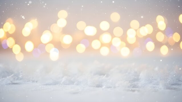 Soft focus bokeh lights and snowflakes create a magical winter holiday background