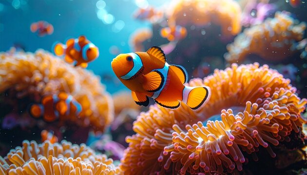 A vibrant school of clownfish swimming among colorful coral formations underwater