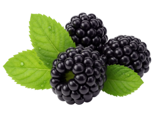 Three fresh blackberries with green leaves PNG isolated on transparent background, juicy summer fruit for healthy eating and dessert design