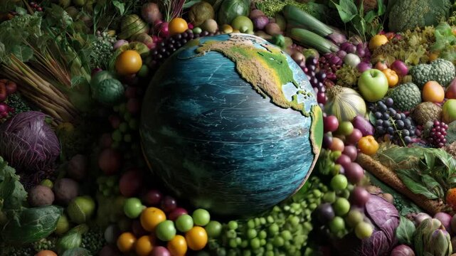 Creative display of planet earth made from vegetables and fruits, symbolizing sustainability and healthy living in a vibrant setting of nature's bounty