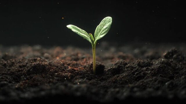 New green plant sprouting from dark soil in a nurturing environment with soft light highlighting its delicate leaves