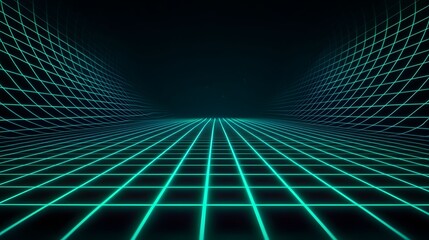 The image displays a vibrant, neon-blue grid pattern against a dark backdrop, evocative of a futuristic, digital landscape with minimalist retro aesthetic.