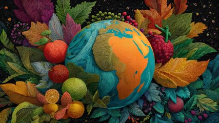Vibrant earth surrounded by colorful fruits and foliage, celebrating nature's beauty and diversity in a rich landscape setting