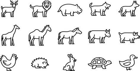Fototapeta premium Wild and Safari Animals Line Icons Set: Featuring Deer, Lion, Hippo, Giraffe, Camel, Zebra, Elephant, and Farm Animals Vector Illustration