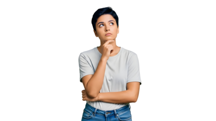 Thoughtful woman pondering a decision, contemplating options with a hand on her chin, reflecting