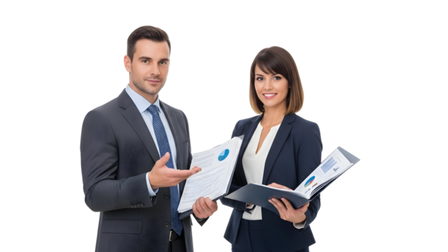 Confident business team reviewing documents in office environment