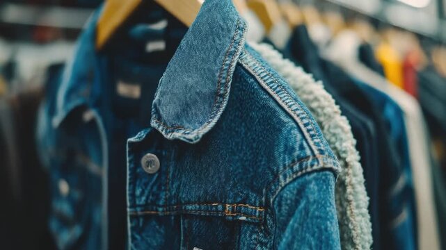 Video A denim jacket hangs on a rack in a store, perfect for promotional use or as an example of fashion retail