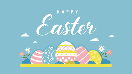 Naklejka premium Happy easter greeting with colorful decorated eggs flowers and clouds on a light blue background celebrating the spring holiday