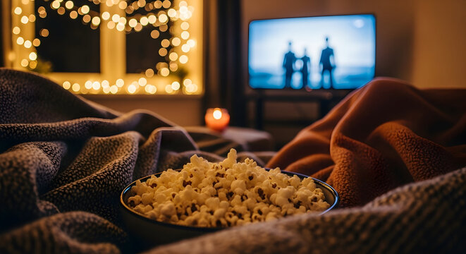 Cozy night in at home with popcorn, television show, warm blanket, lights