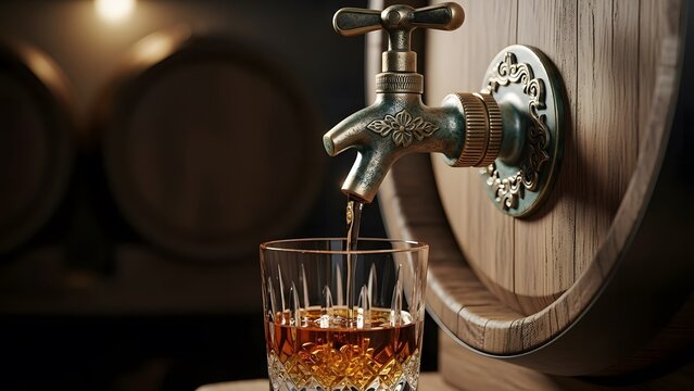 Whiskey pouring from a wooden barrel into a glass